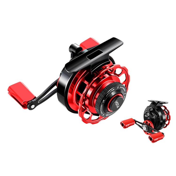 Red and black baitcasting fishing reel with star drag and red handle grips