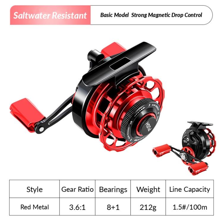 Red and black magnetic drop-control fishing reel with red handle and side plate