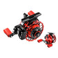 Red and black baitcasting fishing reel with line guide and red handle grip