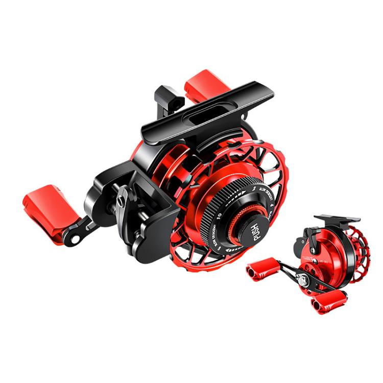 Red and black baitcasting fishing reel with line guide and red handle grip