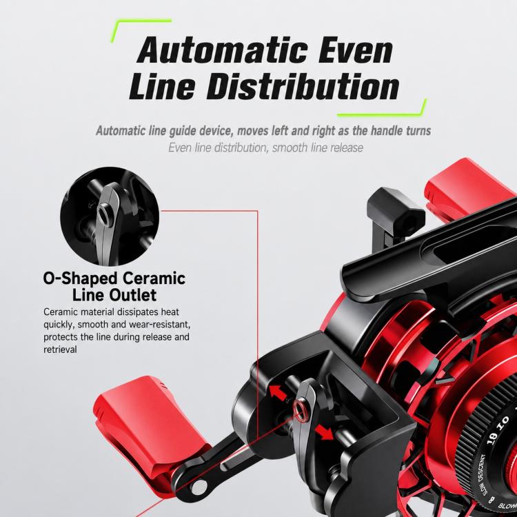 Side view of red and black fishing reel showing line outlet and even line distribution