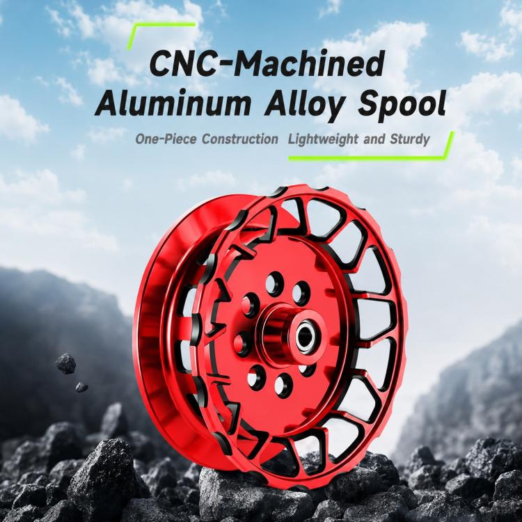 Red CNC-machined aluminum fishing reel spool with drilled slots and central hub