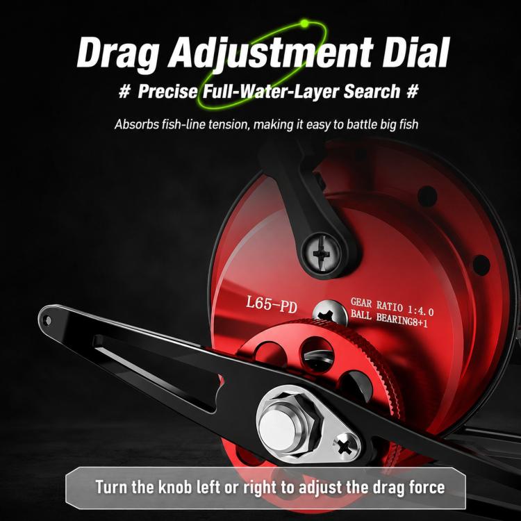 Red saltwater fishing reel with drag adjustment dial and line guide arm