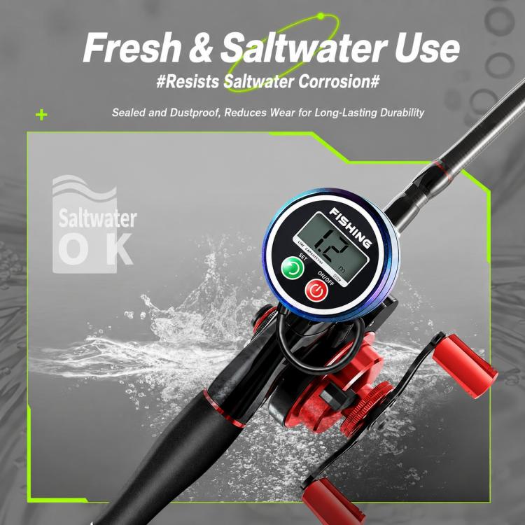 Black and red baitcasting fishing reel with round digital display and line guide