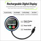 Fishing reel face with circular digital display screen and buttons for depth and line