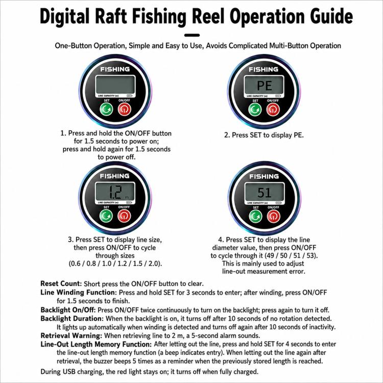 Fishing reel digital display with function icons and operation steps on backdrop