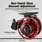 Top view of red and black fishing reel with one-touch slow descent adjustment knob