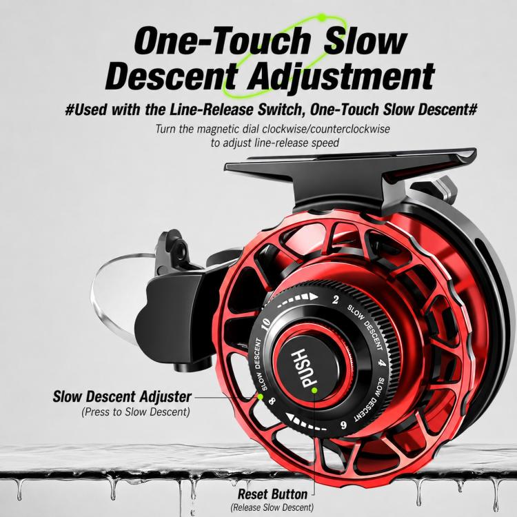Top view of red and black fishing reel with one-touch slow descent adjustment knob