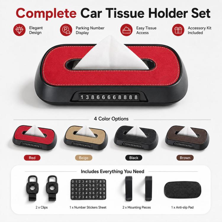 Car Tissue Box with Temporary Parking Phone Number Card, Suede Reflective