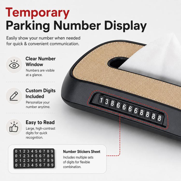 Car Tissue Box with Temporary Parking Phone Number Card, Suede Reflective