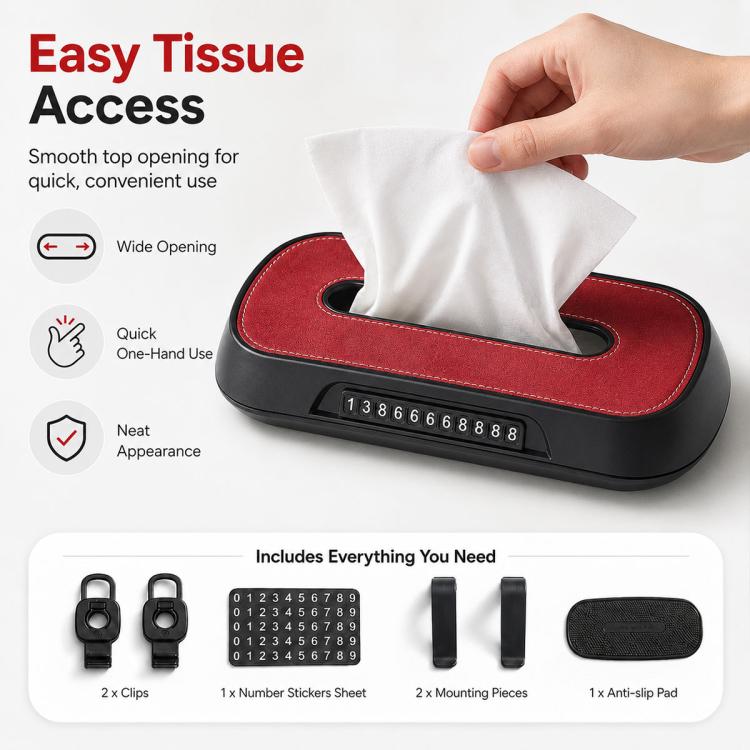 Car Tissue Box with Temporary Parking Phone Number Card, Suede Reflective