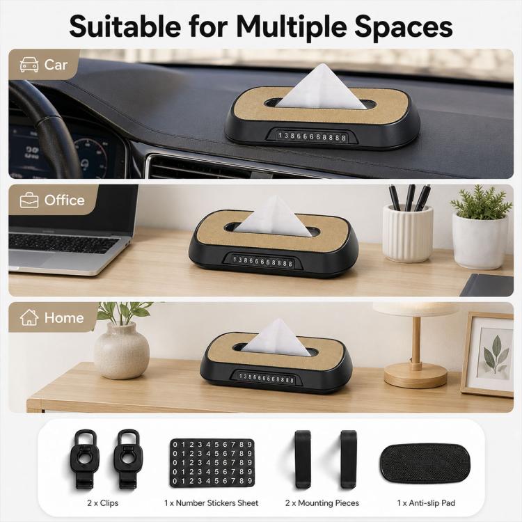 Car Tissue Box with Temporary Parking Phone Number Card, Suede Reflective