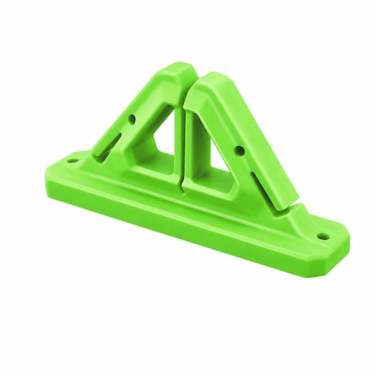 Wall-mounted fishing rod holder in bright green with two U-shaped grips and mounting holes