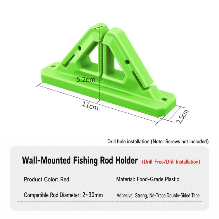 Wall-mounted fishing rod holder, bright green with two angled grips and adhesive-mount base