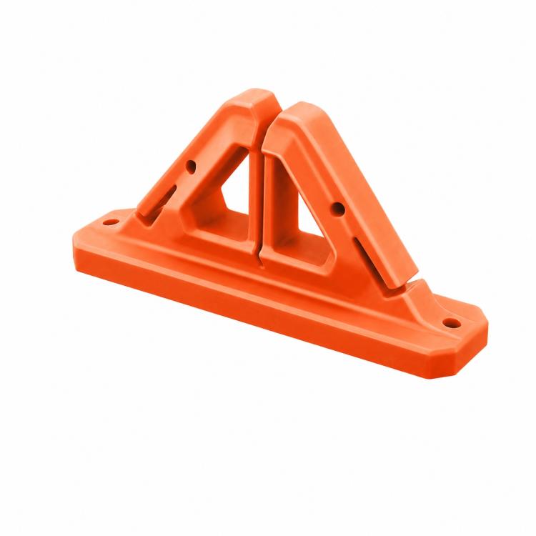 Wall-mounted fishing rod holder in orange with two angled U-shaped grips and mounting holes