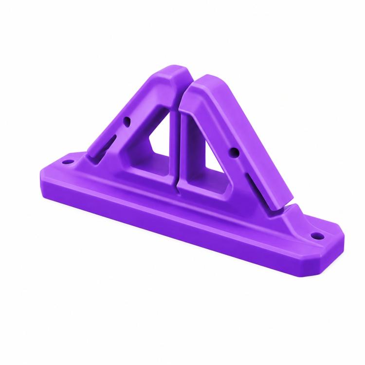 Wall-mounted fishing rod holder in purple with two angled U-shaped grips and mounting holes