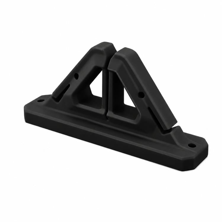Wall-mounted fishing rod holder in black with two angled U-shaped grips and mounting holes
