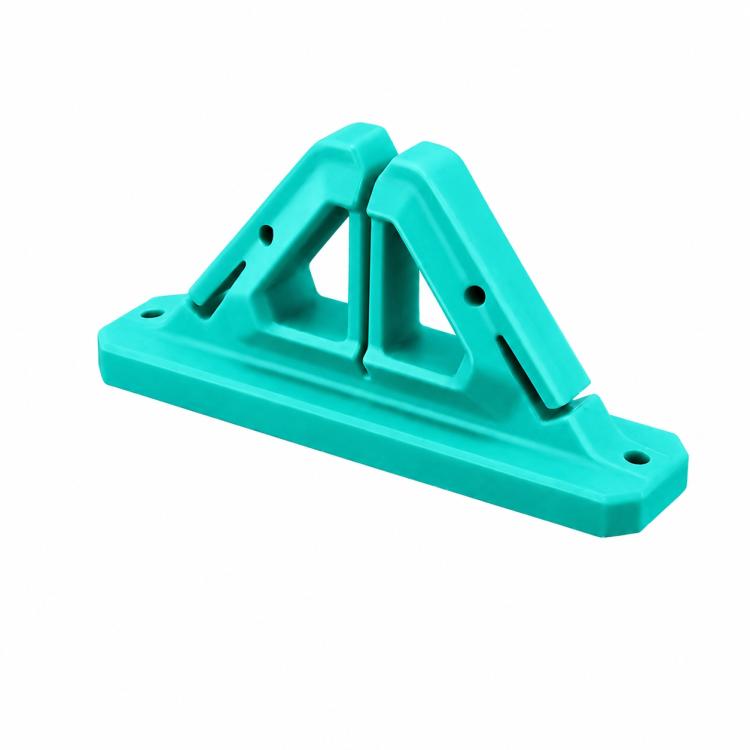 Wall-mounted fishing rod holder in teal with two angled U-shaped grips and mounting holes