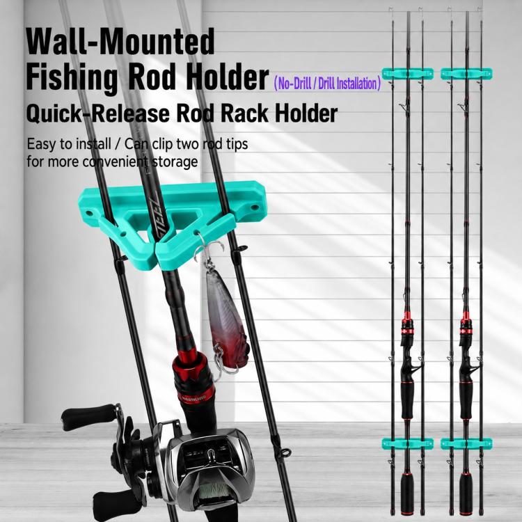Turquoise wall-mounted fishing rod rack with quick-release holder clips for multiple rods