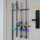Wall-mounted silicone fishing rod display holder with teal and purple grip slots
