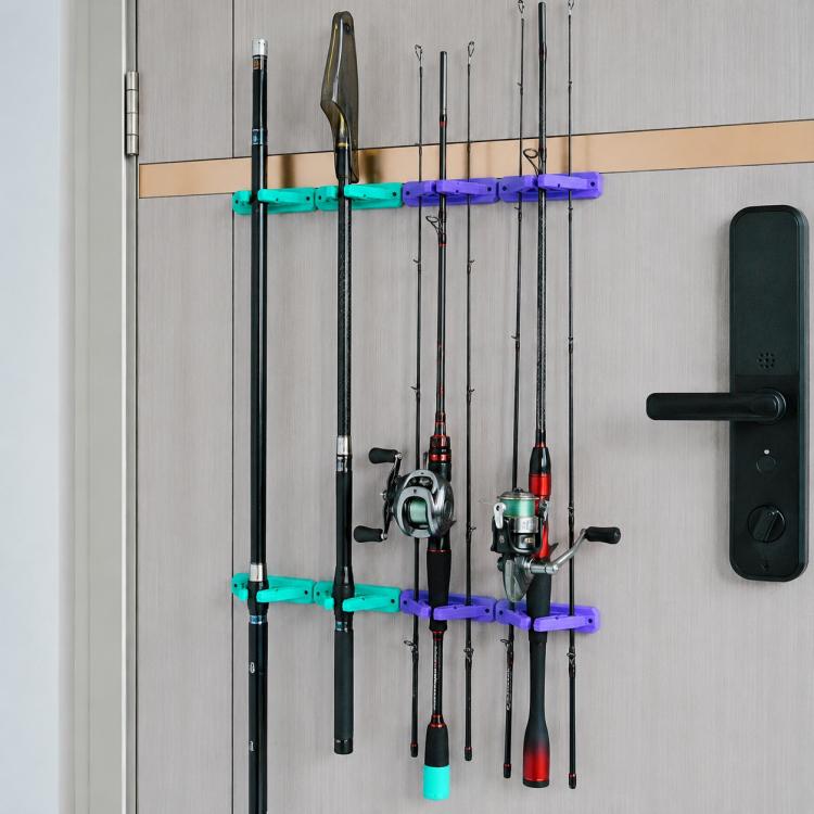 Wall-mounted silicone fishing rod display holder with teal and purple grip slots