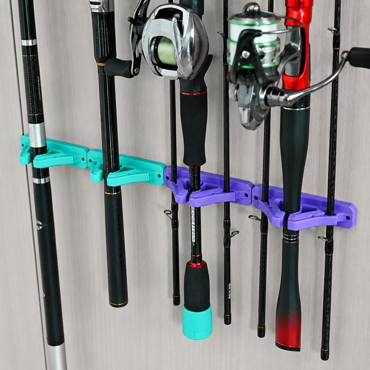 Silicone fishing rod holder wall mount with purple and teal grips for multiple rods