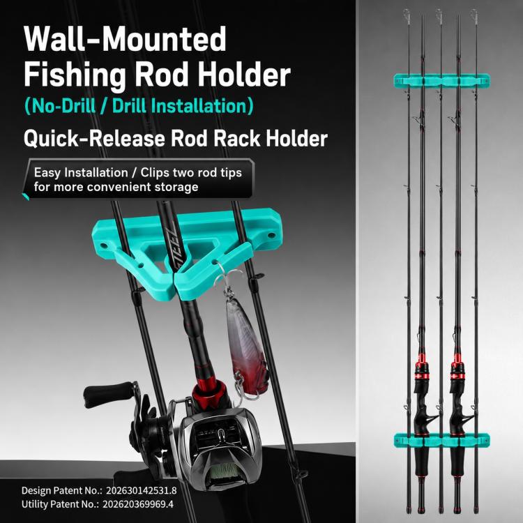 Turquoise wall-mounted fishing rod holder rack with clips holding several fishing rods