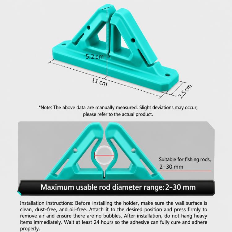 Turquoise wall-mounted fishing rod holder with two angled grips and drilled mounting holes