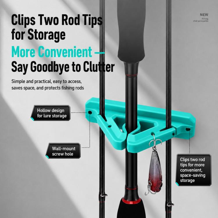 Teal drill-free wall-mounted silicone rod holder with two rod-tip clips and hook loop