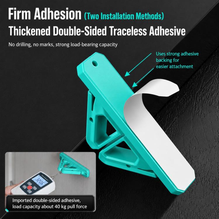 Teal silicone rod holder with thick double-sided adhesive for wall mounting
