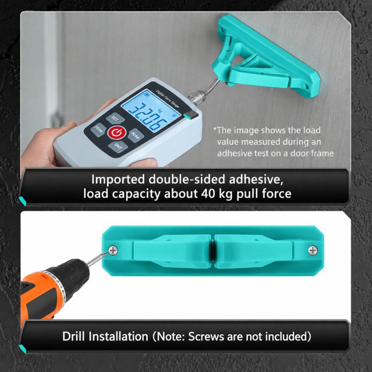 Teal silicone rod holder with double-sided adhesive strip and load test scale