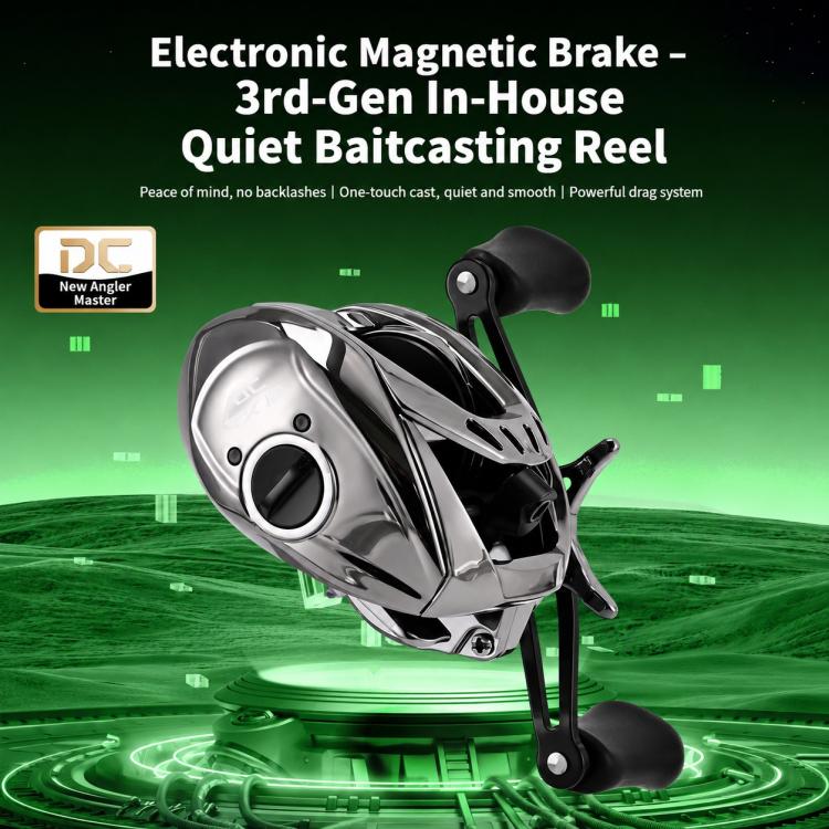 Black baitcasting fishing reel with chrome frame and black round handle knob