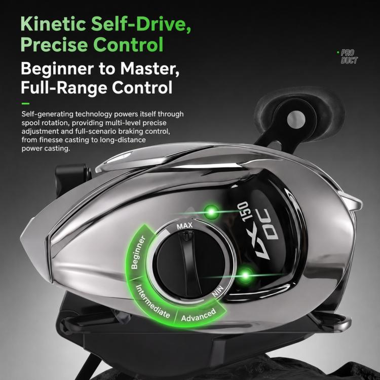 Silver baitcasting reel top with black control dial and green indicator lights
