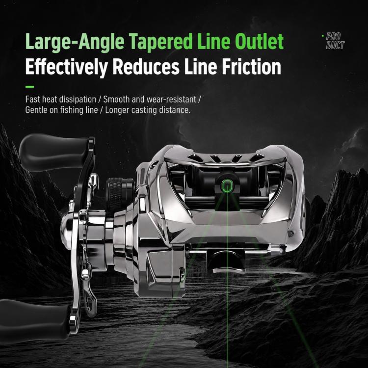 Silver baitcasting reel with large angled line outlet on the front frame