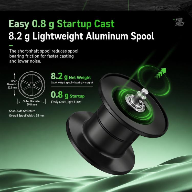 Black baitcasting reel spool with green-lit startup casting detail on the crank side