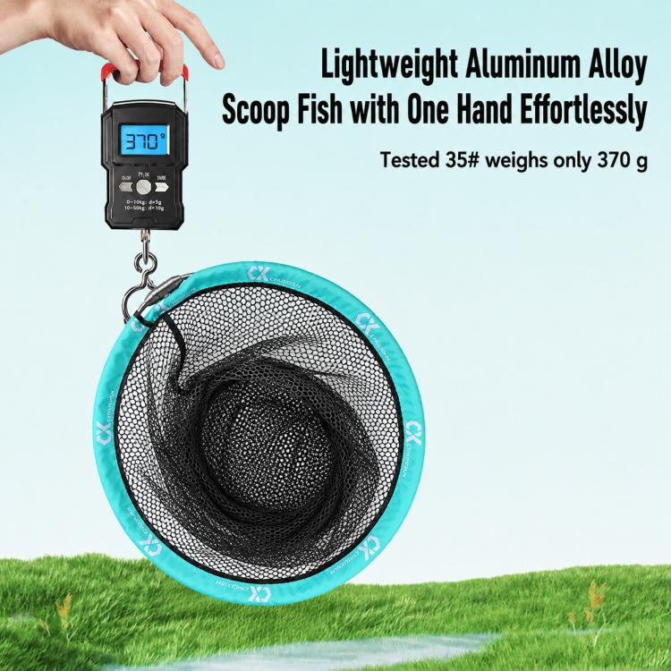 Round landing net with turquoise rim and black mesh, metal handle, 35 cm