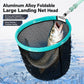 Foldable large landing net head with black mesh and teal rim, fish inside
