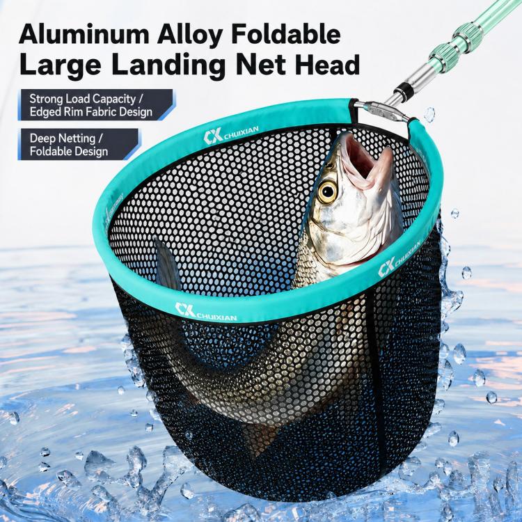 Foldable large landing net head with black mesh and teal rim, fish inside