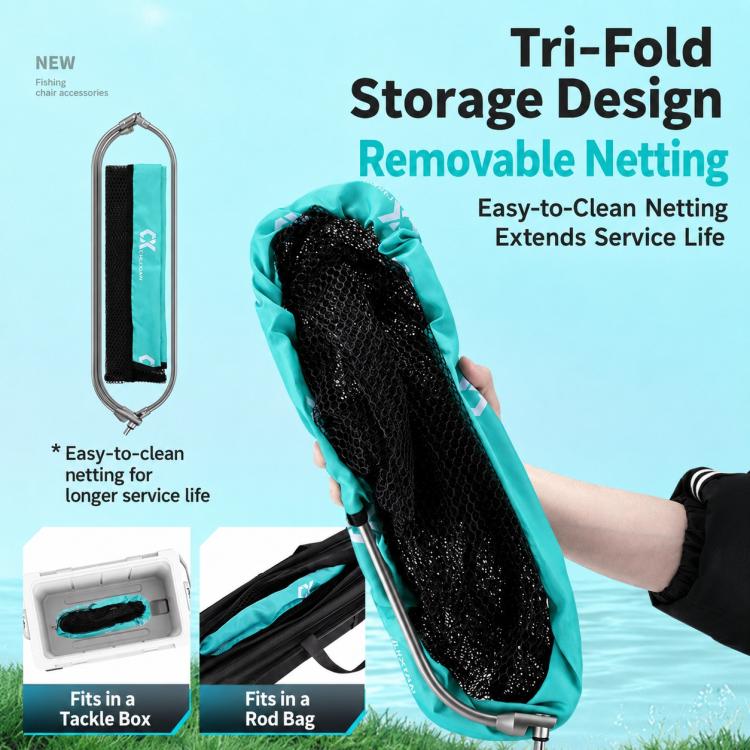 Tri-fold landing net storage design with removable black netting