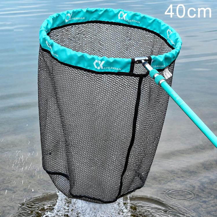 Round landing net with turquoise rim, black mesh bag, extendable handle, 40 cm