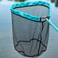 Round landing net with black mesh and turquoise rim, 40 cm, water-ready handle