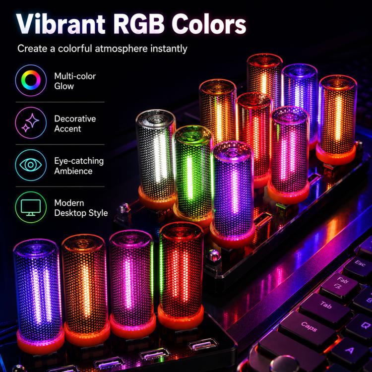 Multiple glowing RGB LED USB cylinder lights on a keyboard, colorful atmosphere glow