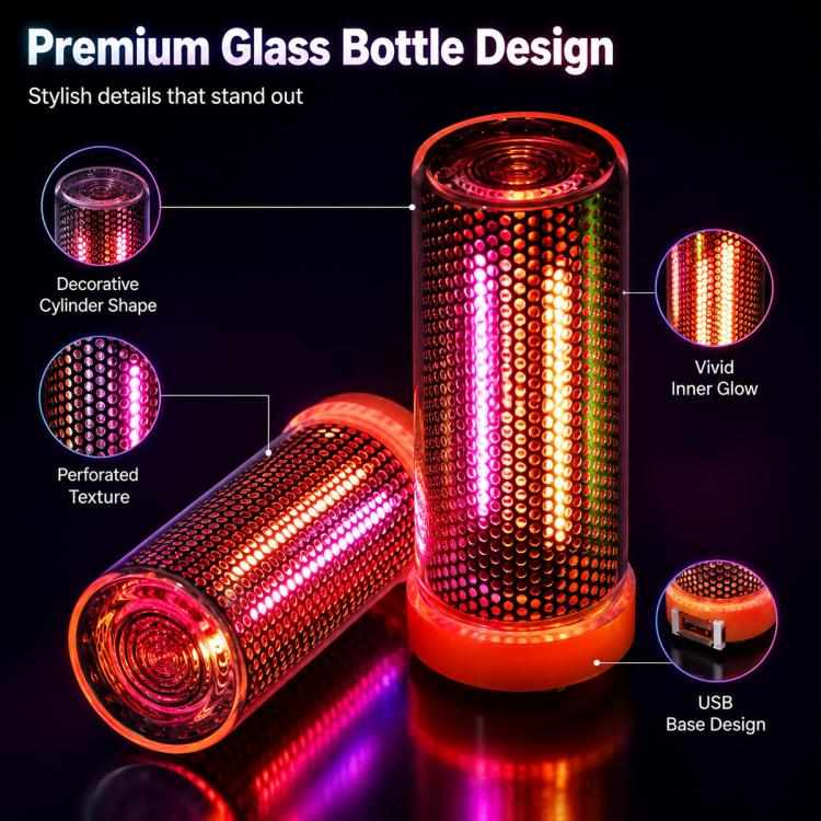USB LED atmosphere light with perforated glass cylinder bottle design and inner glow