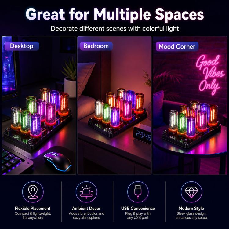 USB LED atmosphere light bar shown in multiple room scenes with multicolor cylinder glow