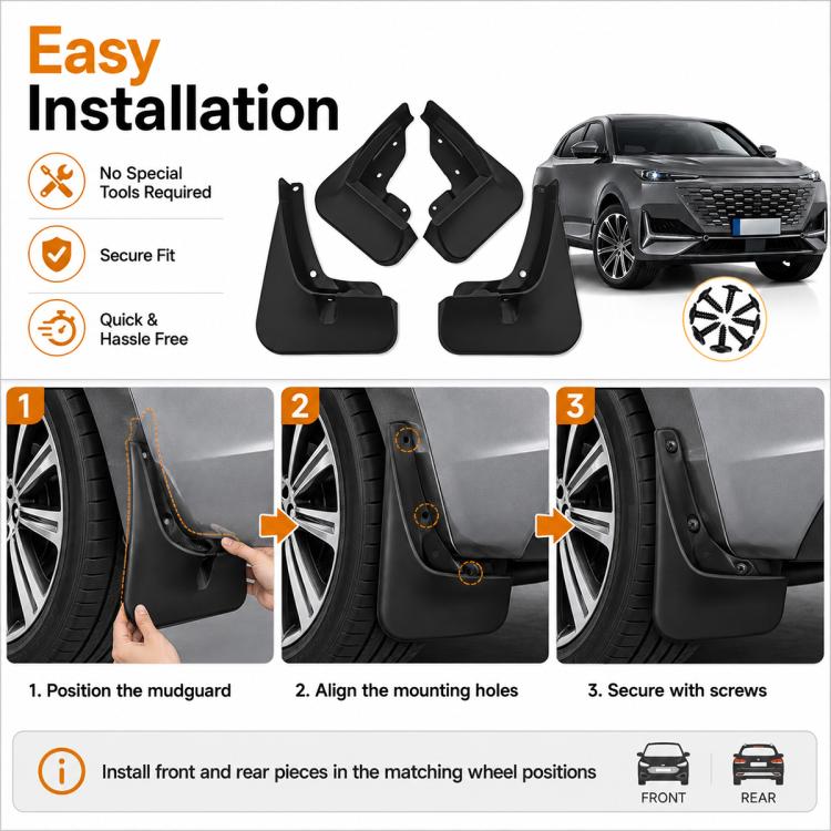 Black splash flap set for front and rear wheels with secure mounting positions