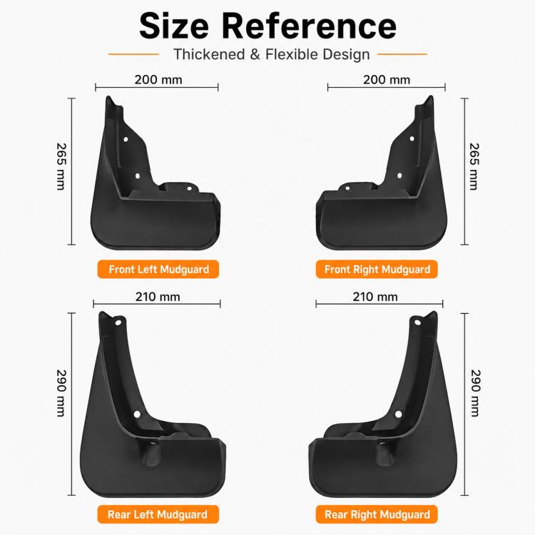 Black wheel splash flap size chart showing front and rear mudguard dimensions