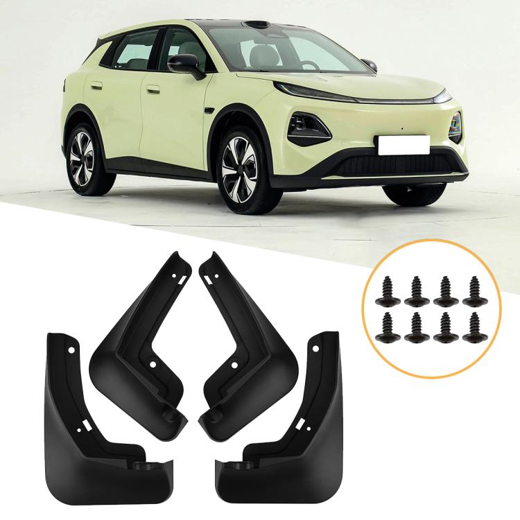Set of four black car splash mud flaps, shown with included screws
