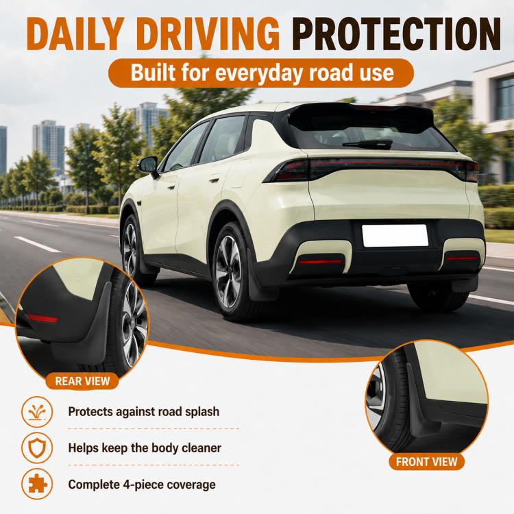 Black front and rear mud flaps installed for daily driving protection