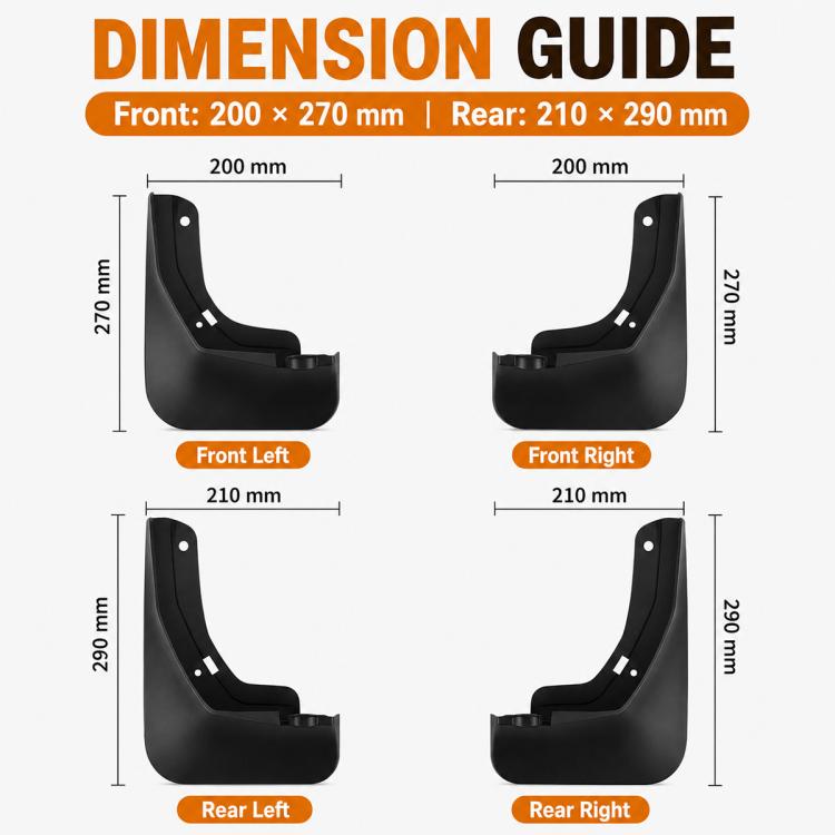 Car mud flap dimension guide showing front-left, front-right, rear-left, rear-right