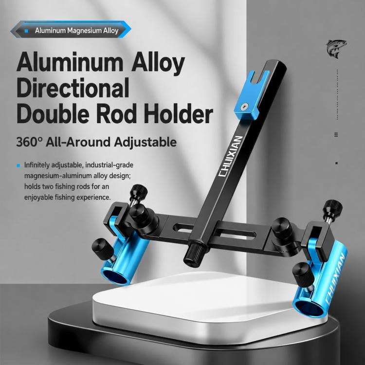 Blue-and-black 360 adjustable dual fishing rod holder with two mounting brackets